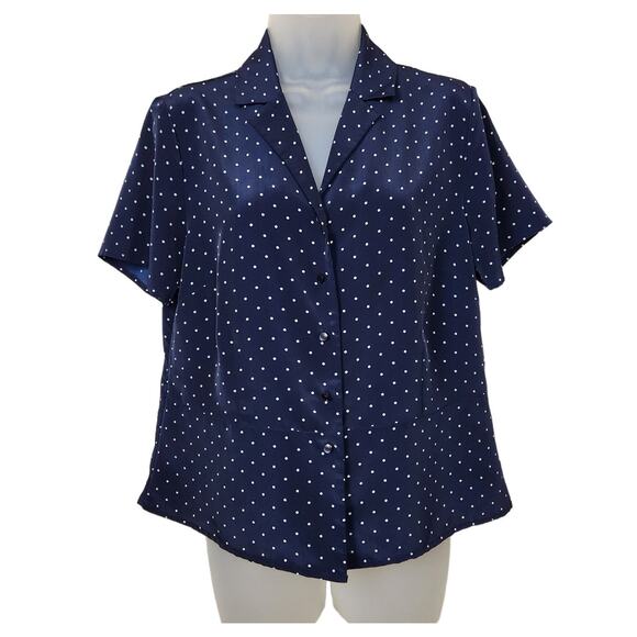 Karen Scott Blouse Size Medium Navy Polka Dot Button Up V Neck Short Sleeve - Picture 1 of 9